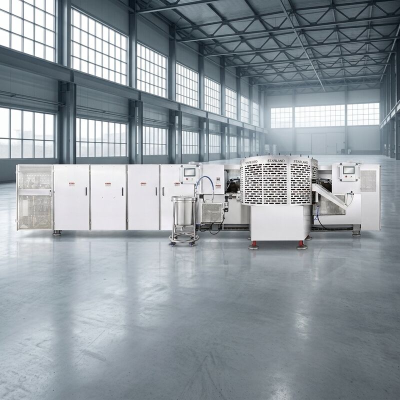 Garis produksi keranjang waffle otomatis yang menggunakan sistem kontrol PLC dan spesifikasi motor utama untuk output yang konsisten